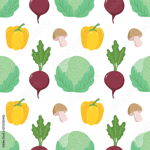 Vegetable seamless pattern cabbage beetroot yellow bell pepper mushroom farm food background vector template