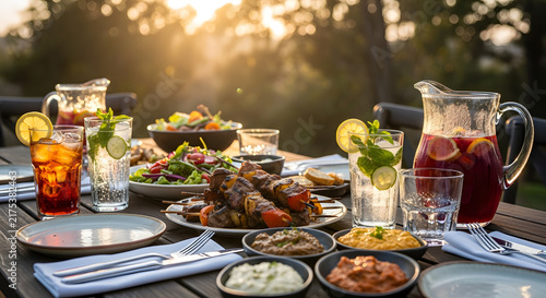 Outdoor dining scene with grilled food and drinks on a wooden table at sunset