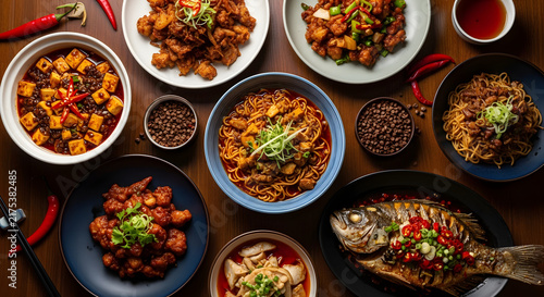 Overhead view of various asian cuisine dishes on a wooden table for commercial use