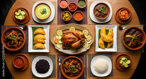 Overhead view of a diverse selection of prepared food dishes arranged on a table
