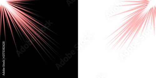 Fotografie Two opposing light bursts with radiating white and red beams on a solid black ba