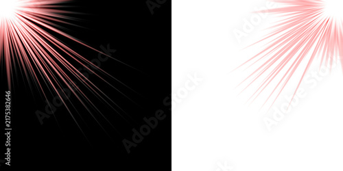 Canvastavla Two opposing light bursts with radiating white and pink streaks on a solid black