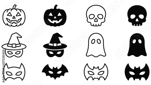 Black and white cartoon faces, animals, and in simple line style