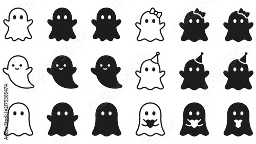 Black and white cartoon faces, diverse expressions and hairstyles