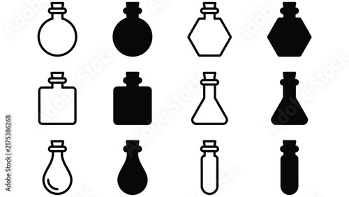 Black and white of various perfume bottles and flasks