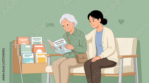 Elderly Woman Reading Magazine with Caregiver in Waiting Room