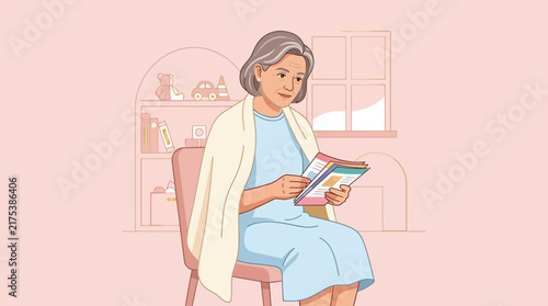 Elderly Woman Reading Magazine Wrapped in Blanket on Chair