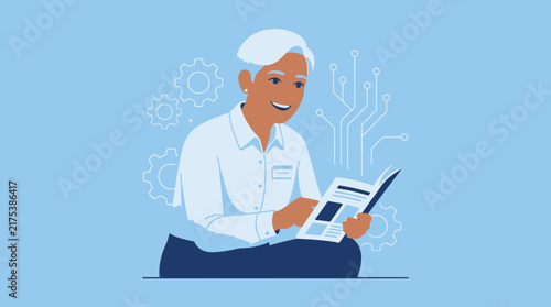 Elderly Woman Reading, Technology, Gears, Circuits - Isolated