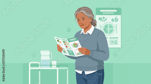 Elderly Woman Reading Nutrition Guide Isolated on Transparent Background