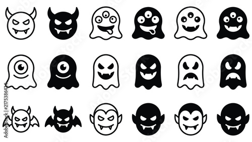 Smiling and neutral cartoon faces in black and white, diverse expressions