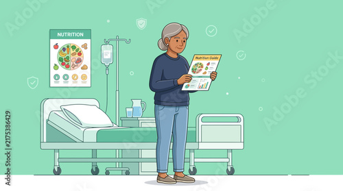 Elderly Woman Reads Nutrition Guide in Hospital Room