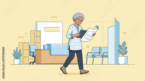 Elderly woman reviewing blueprint in clinic waiting room, isolated