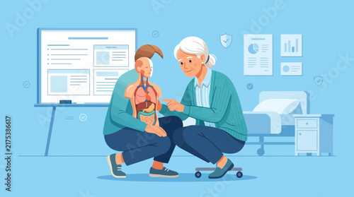 Elderly woman teaching anatomy to a younger person with anatomical model