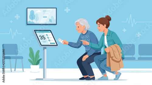 Elderly Woman Assisted by Caregiver Using Digital Kiosk in Waiting Room