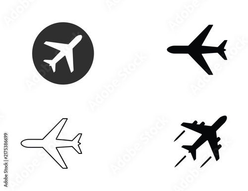 Airplane Icons Collection. A set of four distinct airplane icons, showcasing different styles and perspectives of a jet plane. Graphic representation, airline symbol, flight icon.
