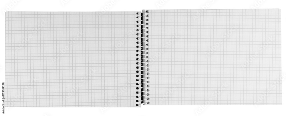 Obraz premium Blank open horizontal spiral notebook with graph checkered pages isolated on white background. Top view panorama notepad mockup template for engineering, math and drafting