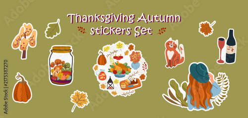 Autumn Thanksgiving cute stickers set. Hand drawn vector illustration.