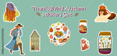 Autumn Thanksgiving cute stickers set. Hand drawn vector illustration.