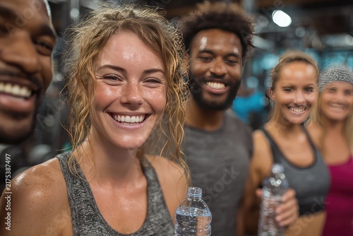 A group of friends cheers with water bottles after