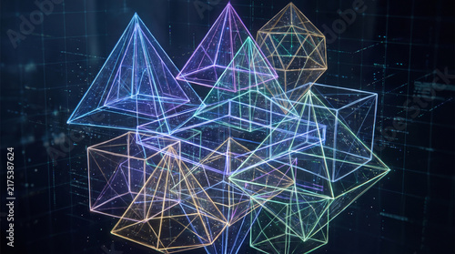 Konstfotografi Glowing colorful geometric wireframe shapes floating against a dark digital grid