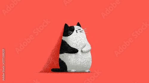 Charming plump cat enjoys a moment of calm against a vibrant coral background