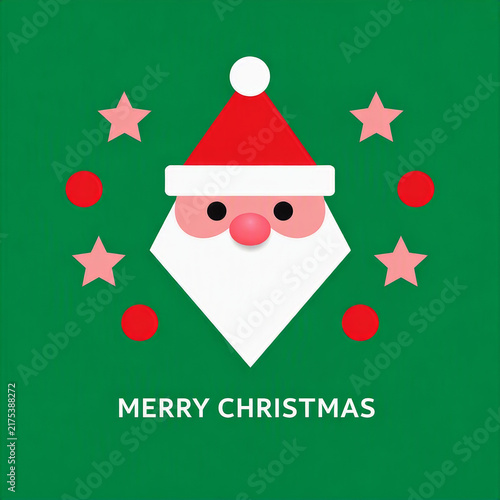 Minimalist Santa illustration with red hat, white beard and pink accents appears on green background, surrounded by stars and circles, “MERRY CHRISTMAS” text. Modern festive holiday greeting design.
