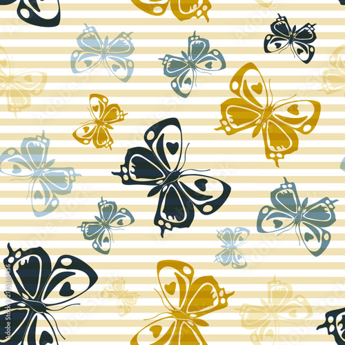 Flying trendy butterfly silhouettes over horizontal stripes vector seamless p...