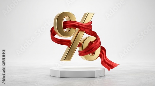 Golden percentage symbol wrapped in bright red ribbon floating above a white pedestal with gold sign
