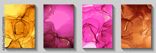 Abstract birthday greeting card backdrops vector set. Fluid acrylic paint tex...