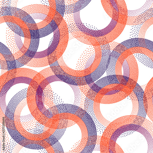Circle ring shapes of dots modern vector seamless pattern. Roun shapes of hal...