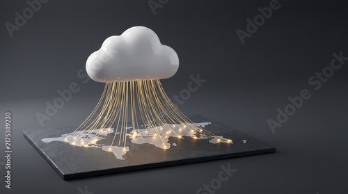 Plakat Cloud computing concept with white cloud streaming data down to a world map plate data streams data center information technology digital connection cyber security