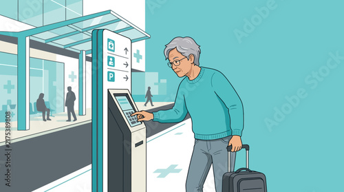 Elderly man uses hospital information kiosk, pulling luggage