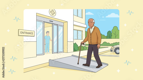 Elderly Man Uses Wheelchair Ramp Outside Hospital Entrance, Healthcare Concept