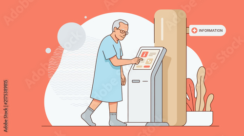 Elderly Man Using Digital Kiosk for Information in Healthcare Setting