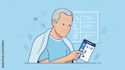 Elderly man using digital health app on tablet, isolated on transparent background