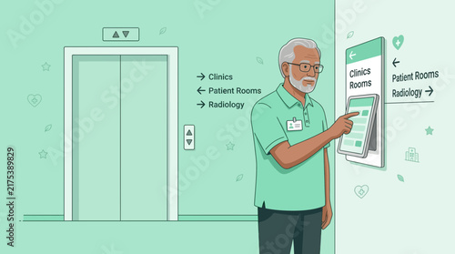 Elderly man using digital kiosk in hospital near elevator and signs