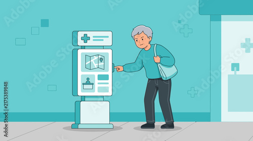 Elderly man using interactive information kiosk with map