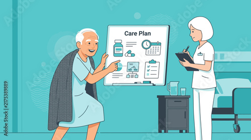 Elderly man and nurse discussing care plan on whiteboard in hospital