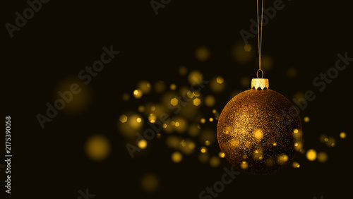 Elegant golden Christmas ornament hanging against a dark background with glowing bokeh lights. Festive holiday decoration creating a luxurious and atmospheric seasonal scene