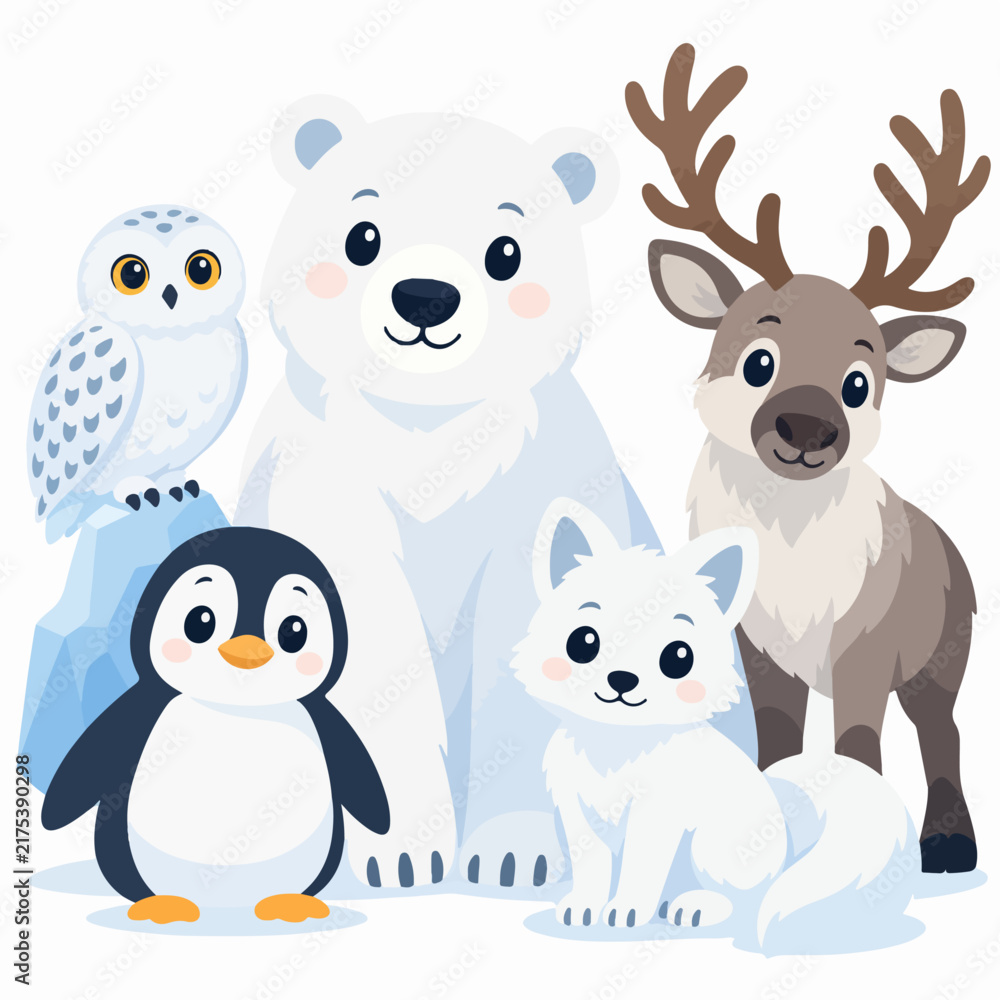 Naklejka premium Cute Arctic wild animals set with polar bear, reindeer, snowy owl, penguin, and arctic fox, vector cartoon illustrations for kids nursery design, winter children storybooks, and animal clip art
