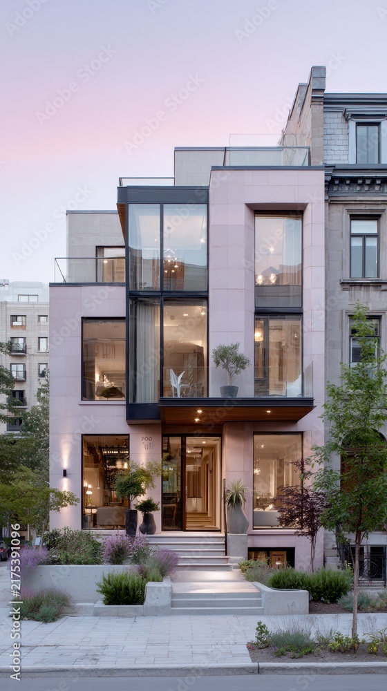 Obraz premium Modern urban house exterior with large windows and elegant design at dusk