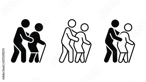 Assistance icons showing people helping elderly individuals with walking sticks support care compassion health community service aid