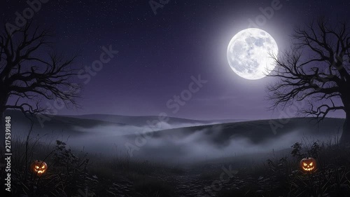 A seamless pattern spooky halloween night landscape with full moon and jackolanterns