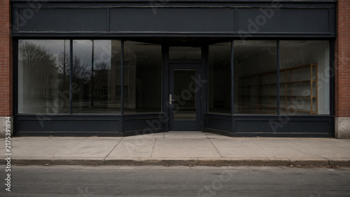 Empty closed storefront with vacant display windows and door on city street. Abandoned shop with bare shelves. Small business bankruptcy and economic crisis concept.