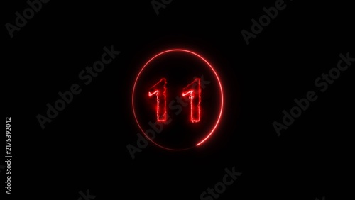 Neon bright countdown timer from 11 secunds red color 4k illustration. Beautiful countdown suitable for presentations, educationalon on black background.