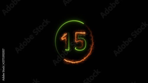 Neon bright countdown timer from 15 secunds red color 4k illustration. Beautiful countdown suitable for presentations, educationalon on black background.