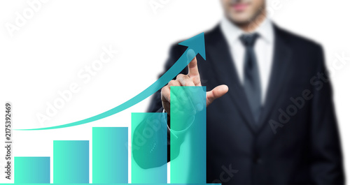 Businessman Pointing at Growing Bar Chart with Upward Arrow, Business Success Concept Isolated on Transparent Background