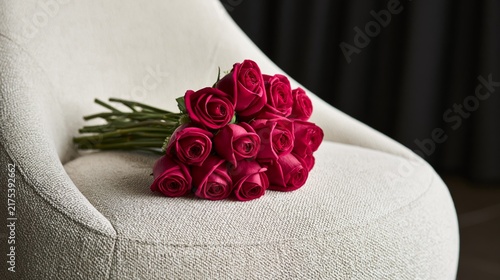vibrant magenta rose bouquet on modern textured chair