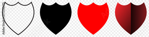 Shield icon vector set displays heraldic crest shapes in outline, solid black, red, and split gradient styles. Minimalist protection coat of arms symbols are isolated on a transparent background.
