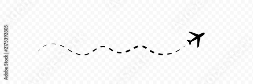 Airplane flight path vector displays flying plane silhouette with wavy dashed trail line. Minimalist travel route indicator symbol is isolated on a transparent background for design projects.